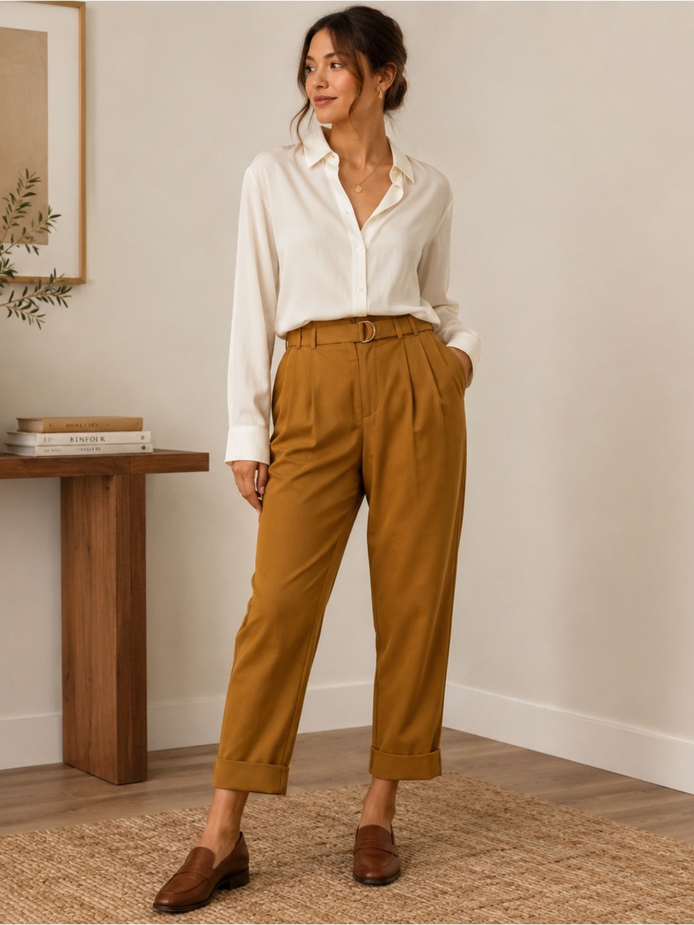 Elizabeth and James Belted High Rise Pleated Pants Womens 10 Camel Brown Tapered